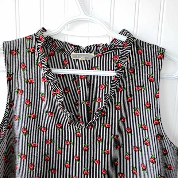 PLEIONE Black/White Stripes Red Floral Print Chic Sleeveless Camisole Blouse Top - Picture 2 of 6